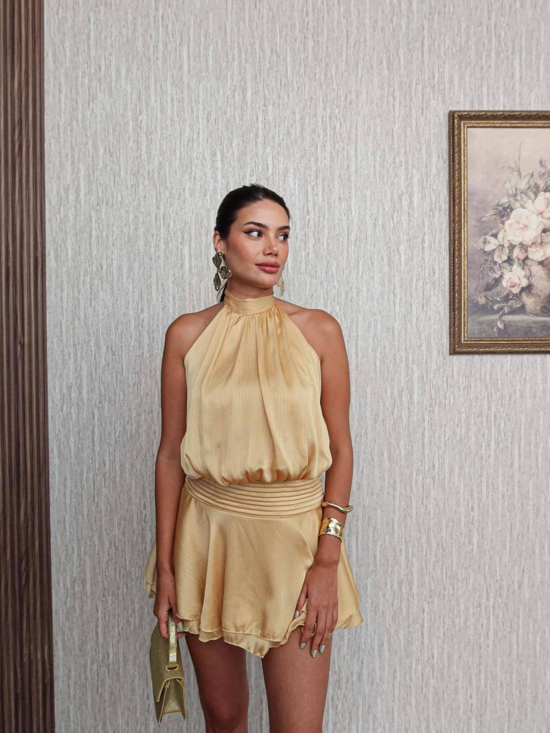 Elegant Gold Halter Neck Mini Dress