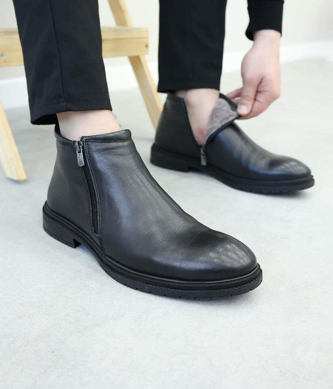 Genuine Leather Furry Black Man Classical Boot 711KMA4004