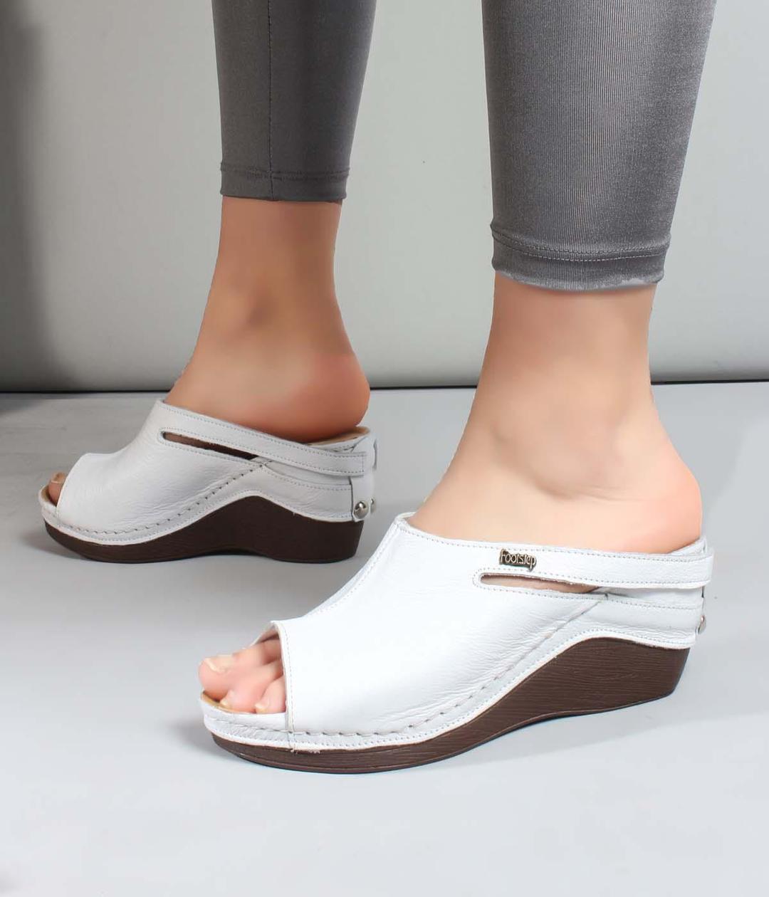 Genuine Leather White Woman Wedge Heel Slipper 972ZA1001