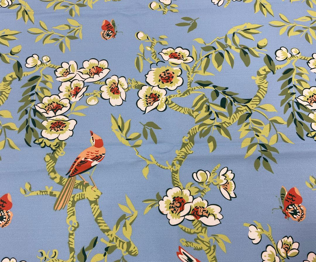 FLOWERS AND BIRD ON A BRANCH DIGITAL PRINT FABRIC - BLUE