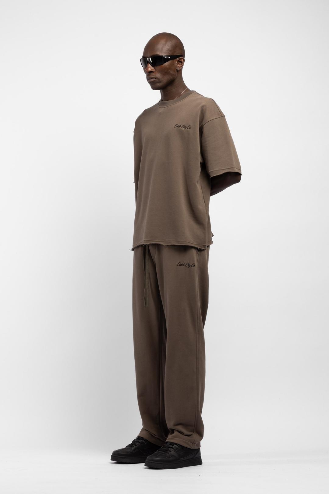 Earth Tone Raw Hem Oversize Sweatshirt & Pants Set