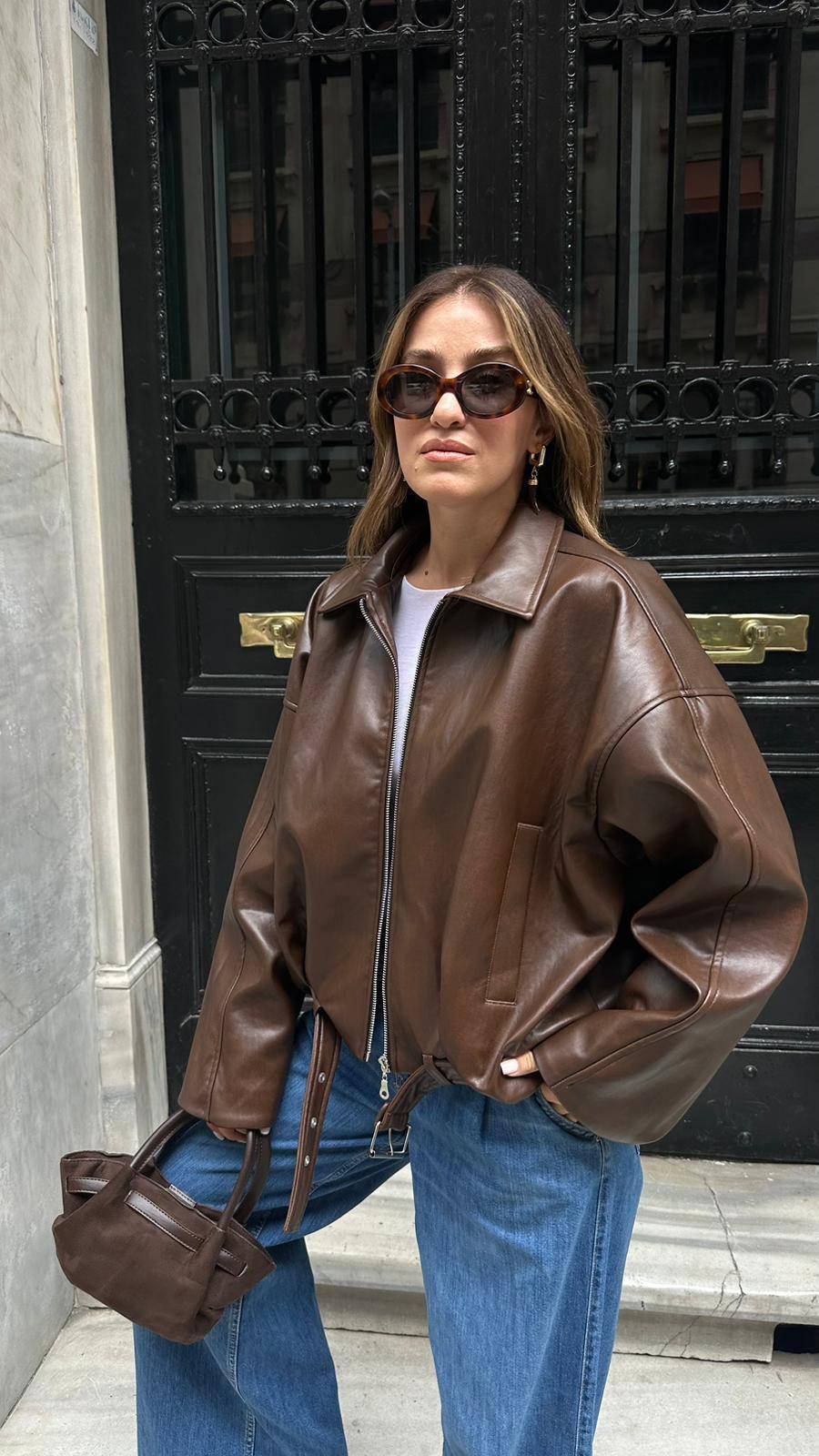 "Oversize Fermuarlı Suni Deri Bomber Ceket