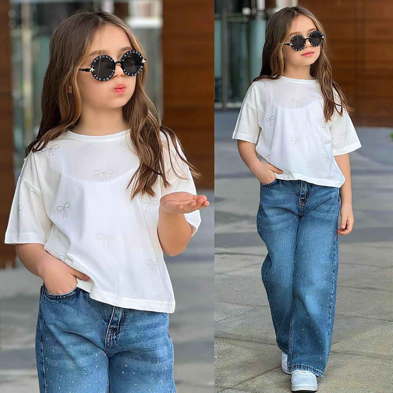 Sparkly Bow Detailed Girls' Denim Set