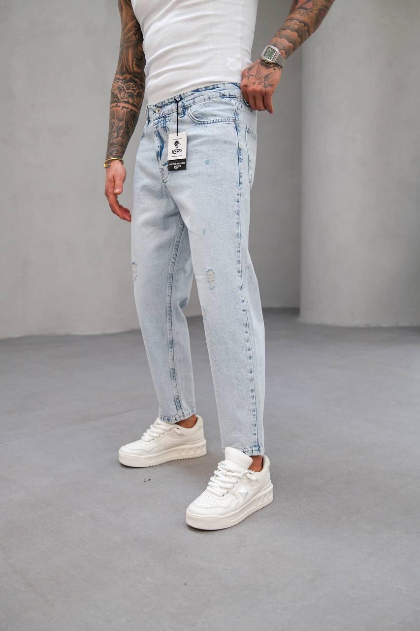 Men's Ice Blue Distressed Detail Baggy Fit Jeans