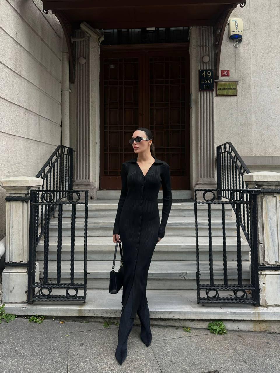 Black Buttoned Polo Neck Knit Dress