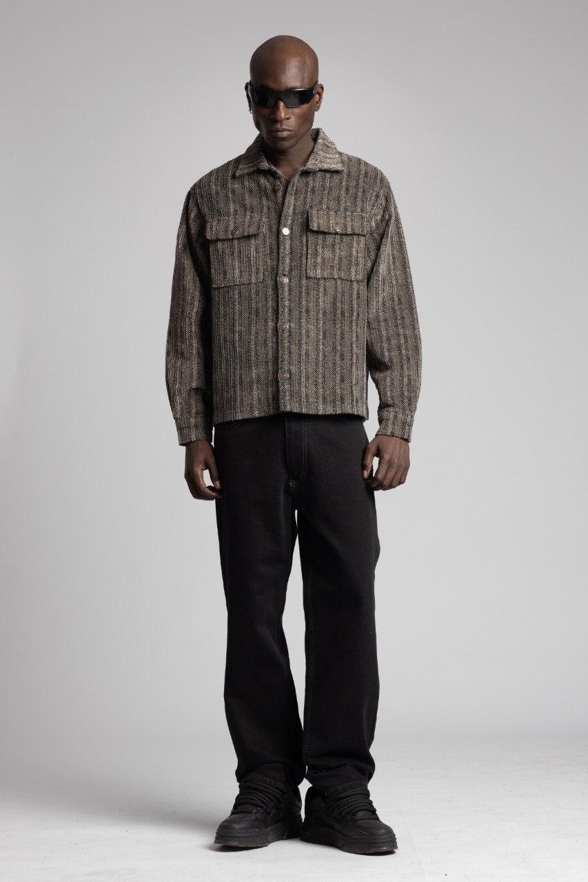 Loose Fit Textured Striped Wool Blend Shirt Jacket