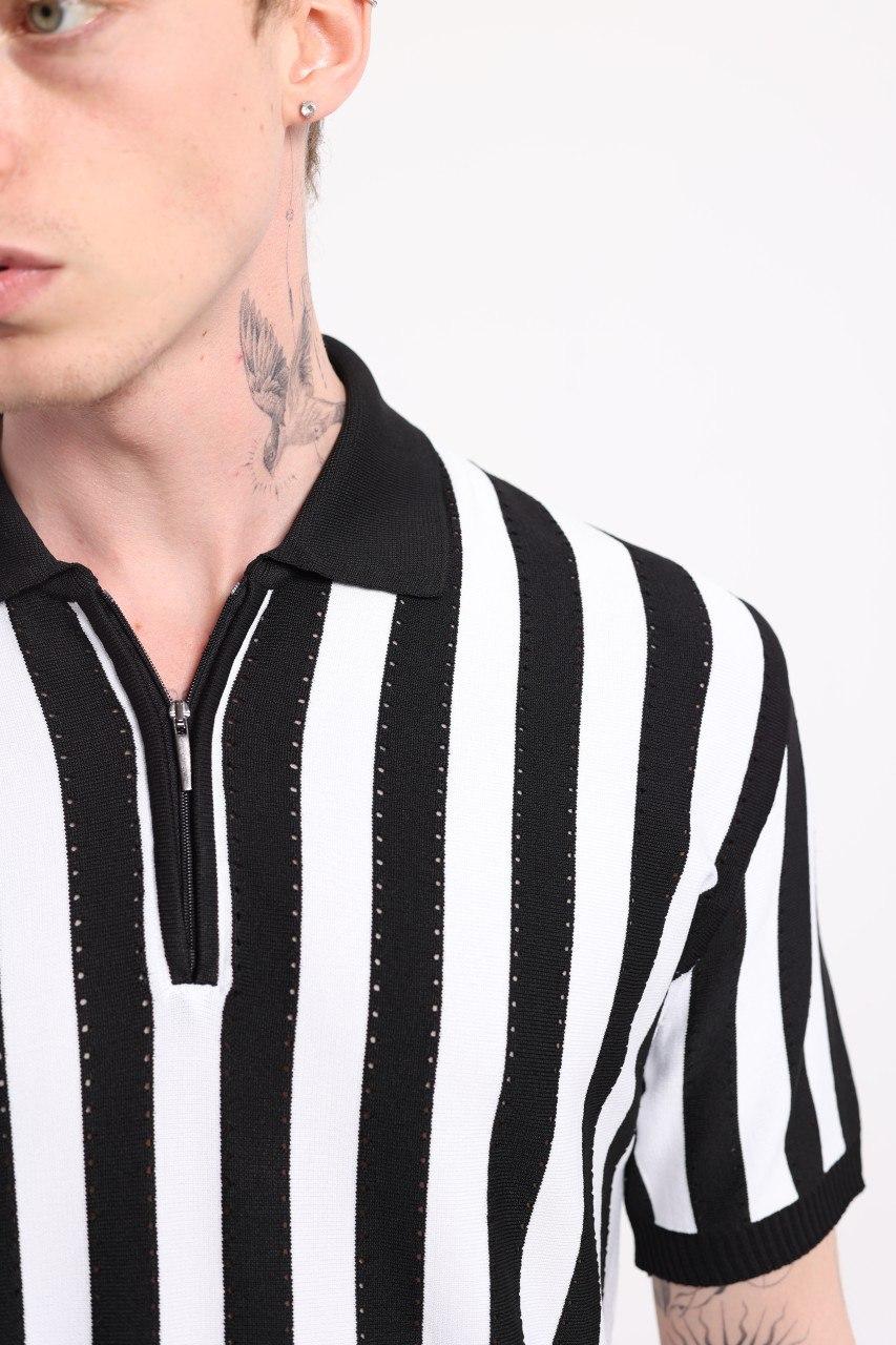 Black and White Thick Striped Short Sleeve Polo Collar Sweater with Zipper