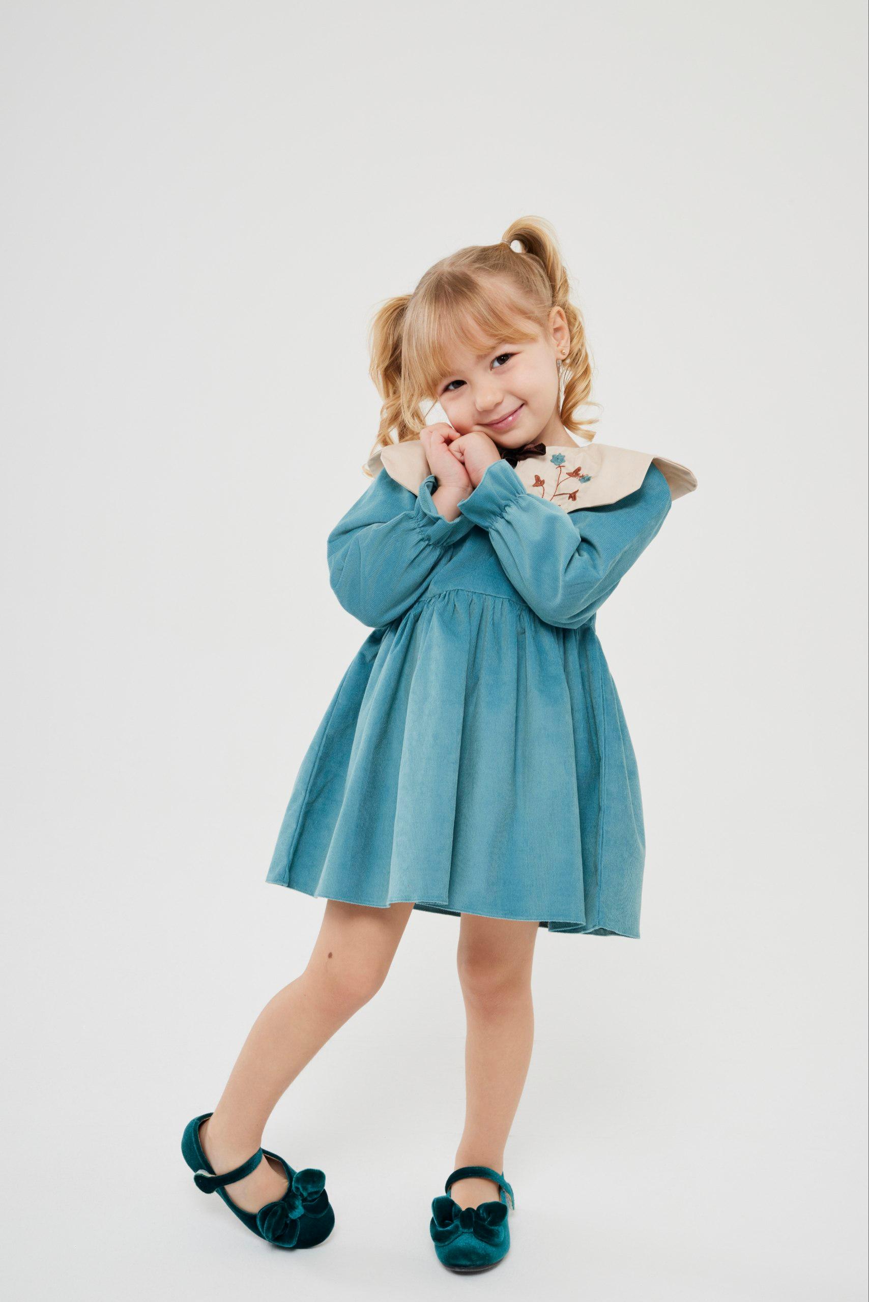 Ribbed Velvet Children's Dress with Embroidered Collar Detail