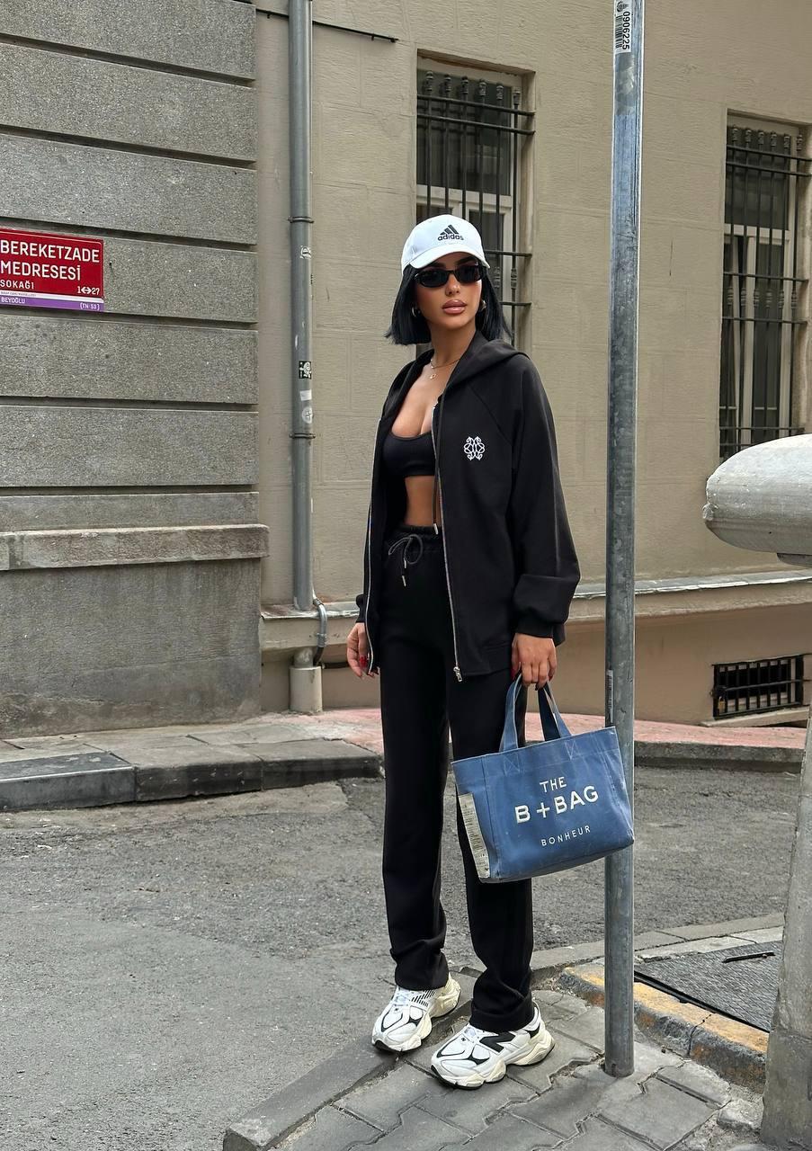 Siyah Oversize Fermuarlı Kapüşonlu Sweatshirt ve Düz Kesim Eşofman Altı Takımı