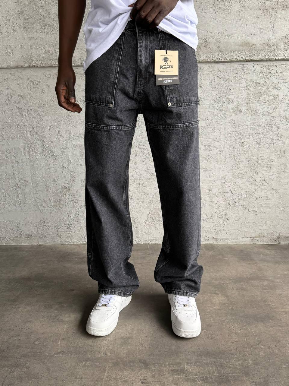 Siyah/Koyu Gri Panel Detaylı Kargo Cep Bol Kesim (Baggy) Jean Pantolon