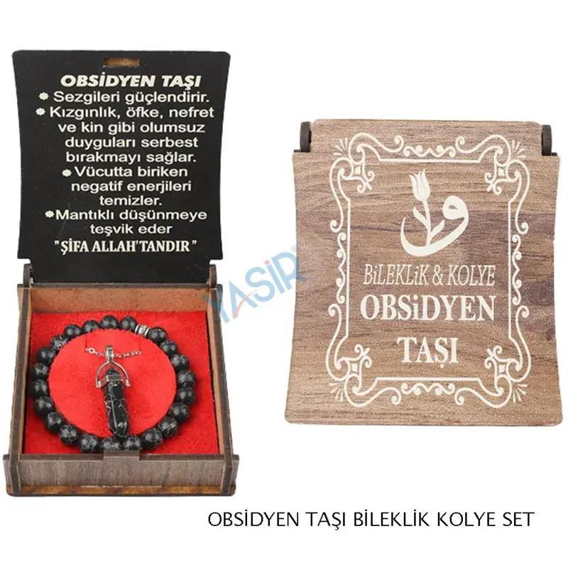 Obsidian Stone Necklace Bracelet Set with Special Wooden Box