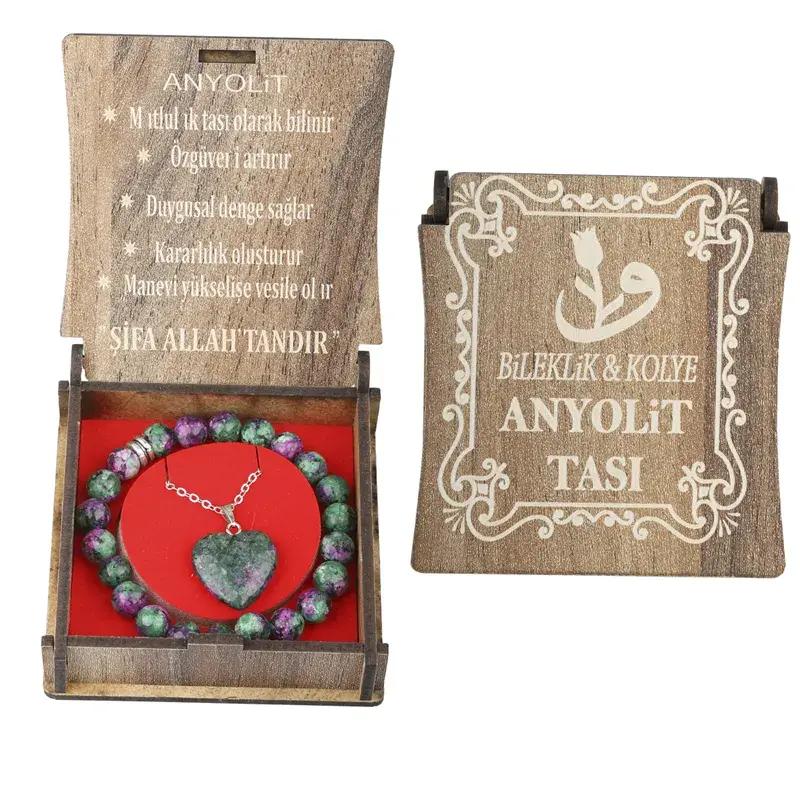 Natural Anyolite Stone Bracelet and Necklace Set in a Special Wooden Box