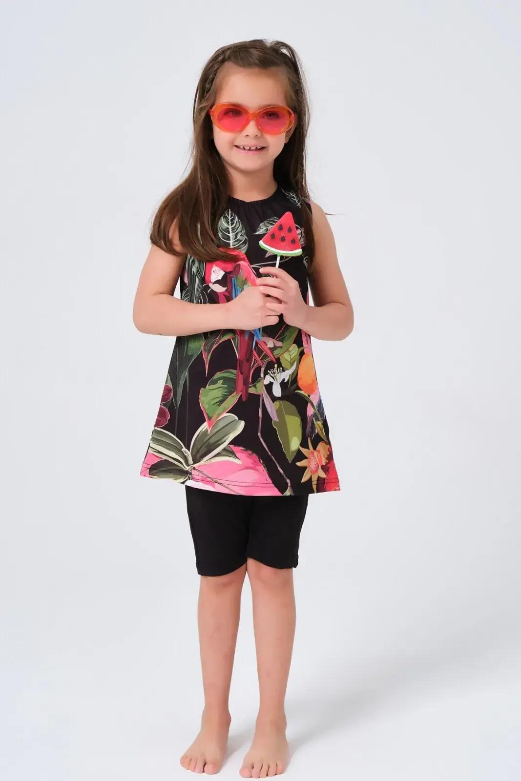 Pembe Desenli Sıfır Kol Tayt Şortlu Kız Çocuk Mayo 23150