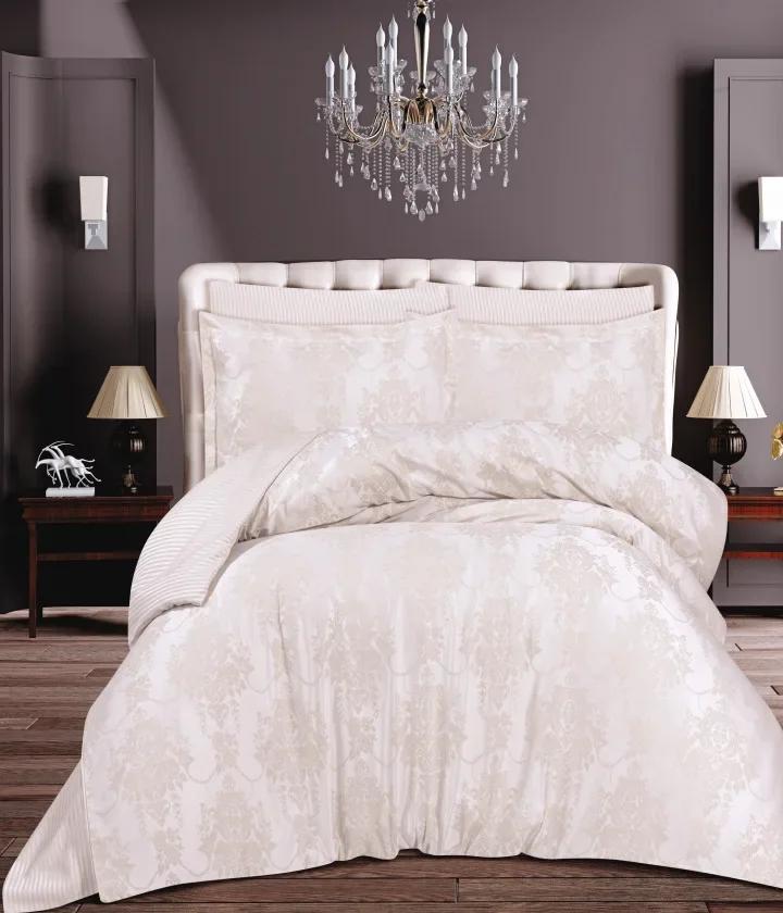 Çift Kişilik Jakarlı Saten Double Nevresim Takımı - 200x220 - 6 Parça Pamuklu Yatak Seti - Krem (VLR)