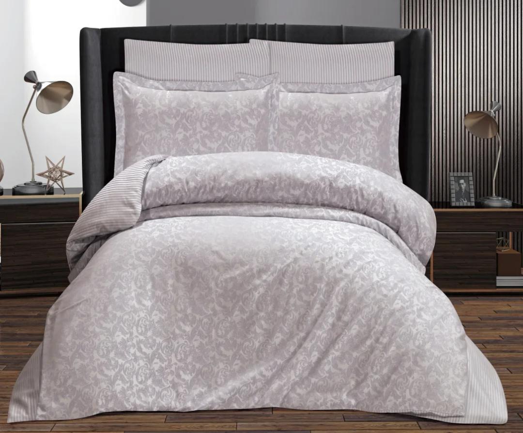 Çift Kişilik Sarmaşık Jakarlı Saten Double Nevresim Takımı - 200x220 - 7 Parça Pamuklu Yatak Seti - Gri