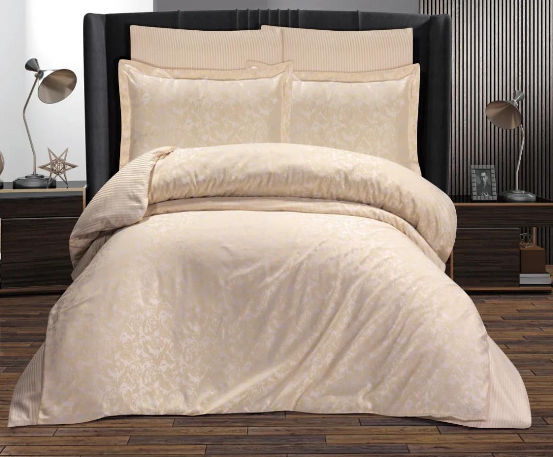 Çift Kişilik Jakarlı Saten Nevresim Takımı - 200x220 - 6 Parça Pamuklu Yatak Seti - BEJ (VLR)