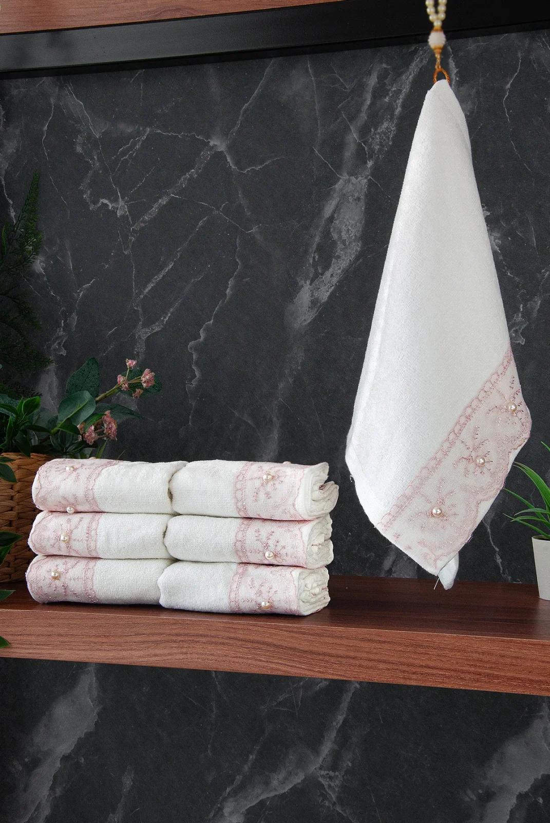100% Cotton Velvet Guipure Pearl Embroidered 6-Piece Dowry Hand Face Towel Set - 30x50 cm - 04466 - Pink