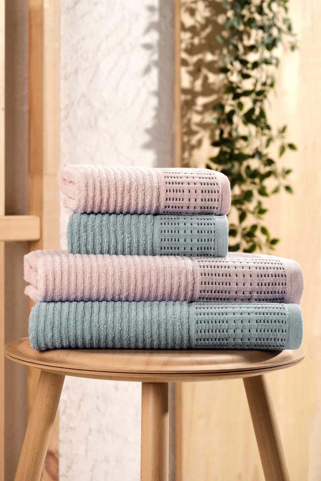 4-Piece Large Bath Hammam Towel Set Pink/Blue - (2 Pcs 50x90cm - 2 Pcs 90x160cm) - (RBK)