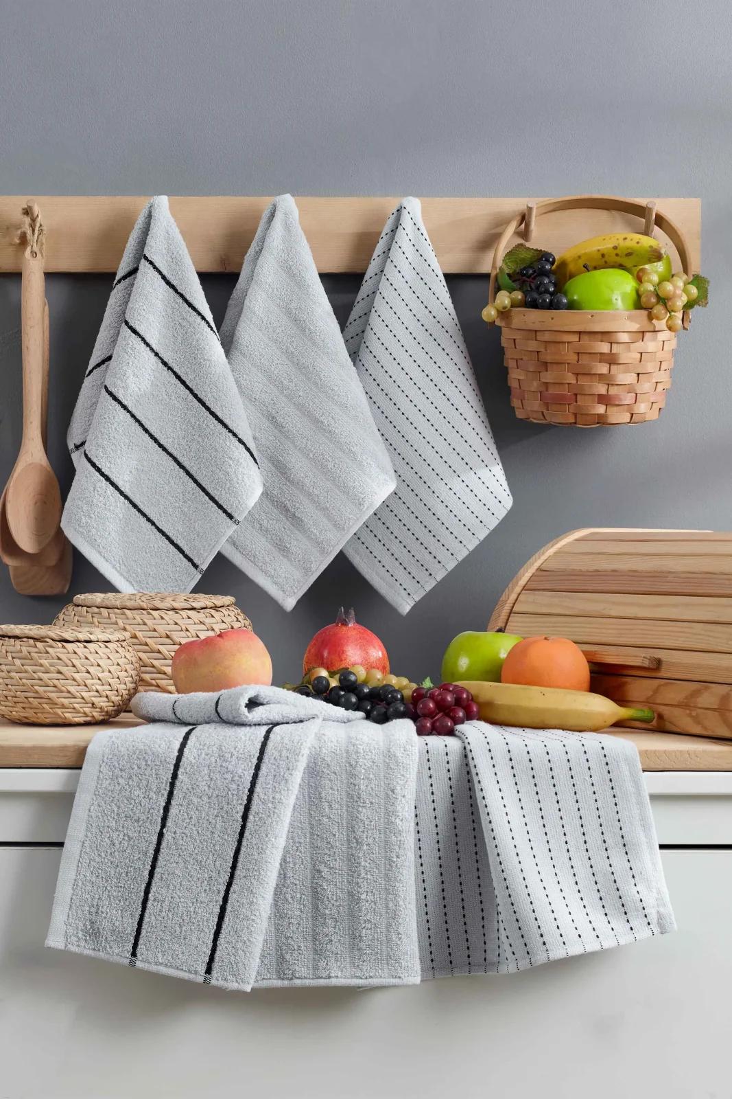 6-Piece Striped Kitchen Drying Cloth Set - Dowry Kitchen Towel Set - 30x50 cm - Grey - (RBK)