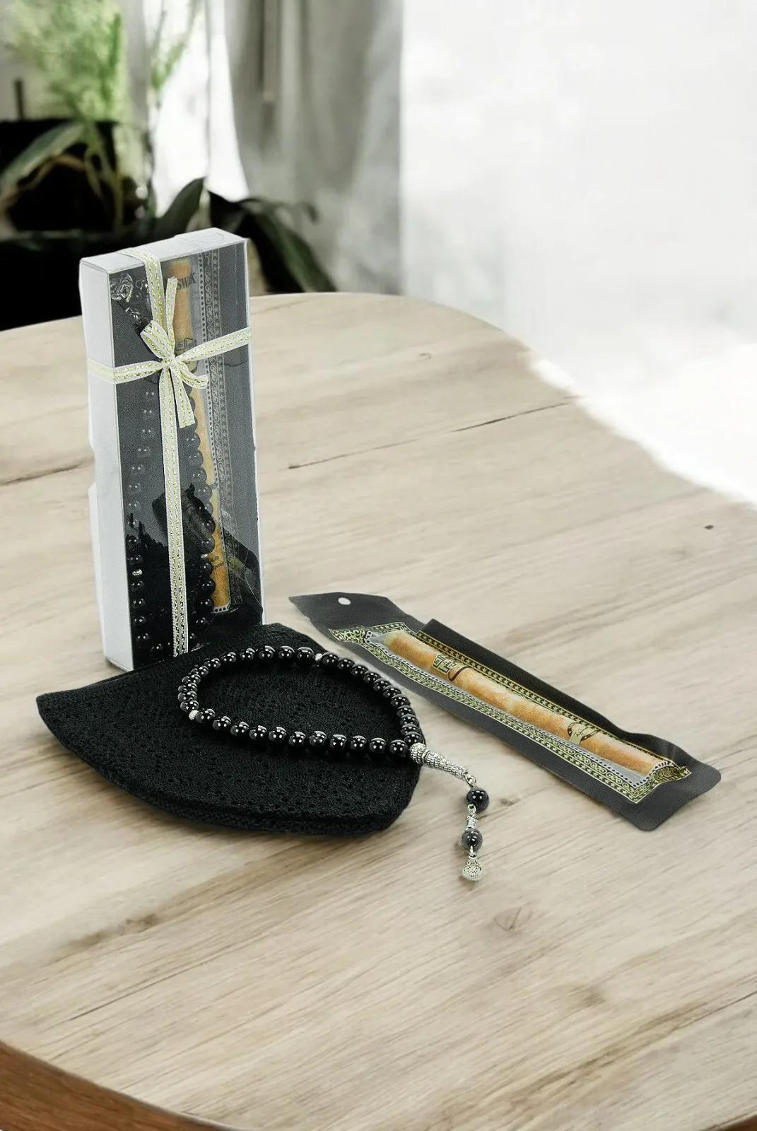 Miswak Prayer Cap with Prayer Beads Men's Hajj Umrah Gift Set - Black