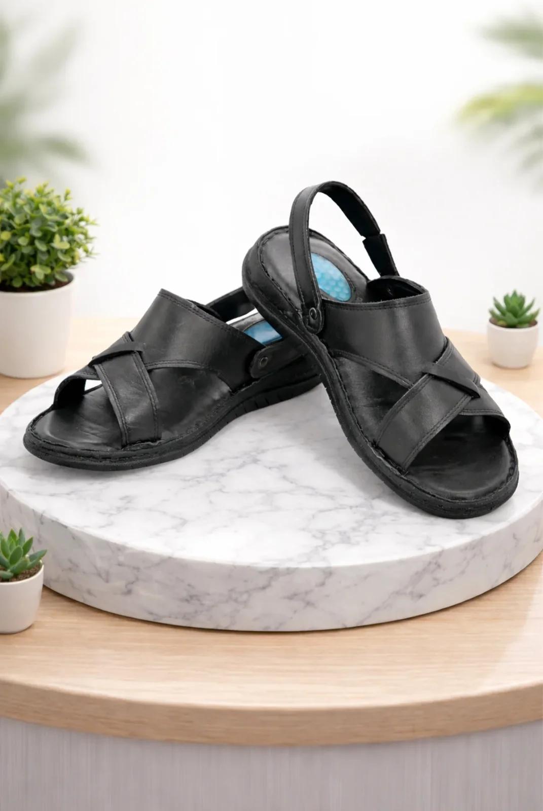 Genuine Leather Orthopedic Gel Heel Men's Sandal Slipper - Hajj Umrah Daily Comfortable Sole Sandal - Black