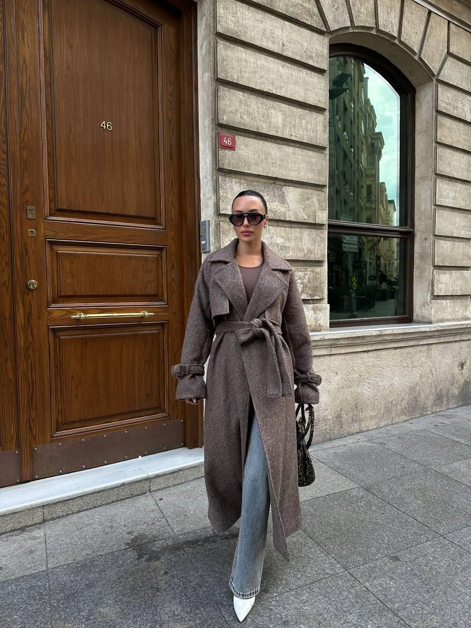 Long Mélange (Tweed-look) Belted Shawl Collar Coat