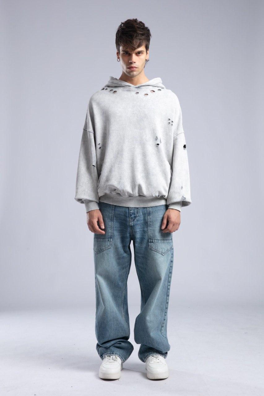 Gri Yırtık Detaylı Oversize Hoodie