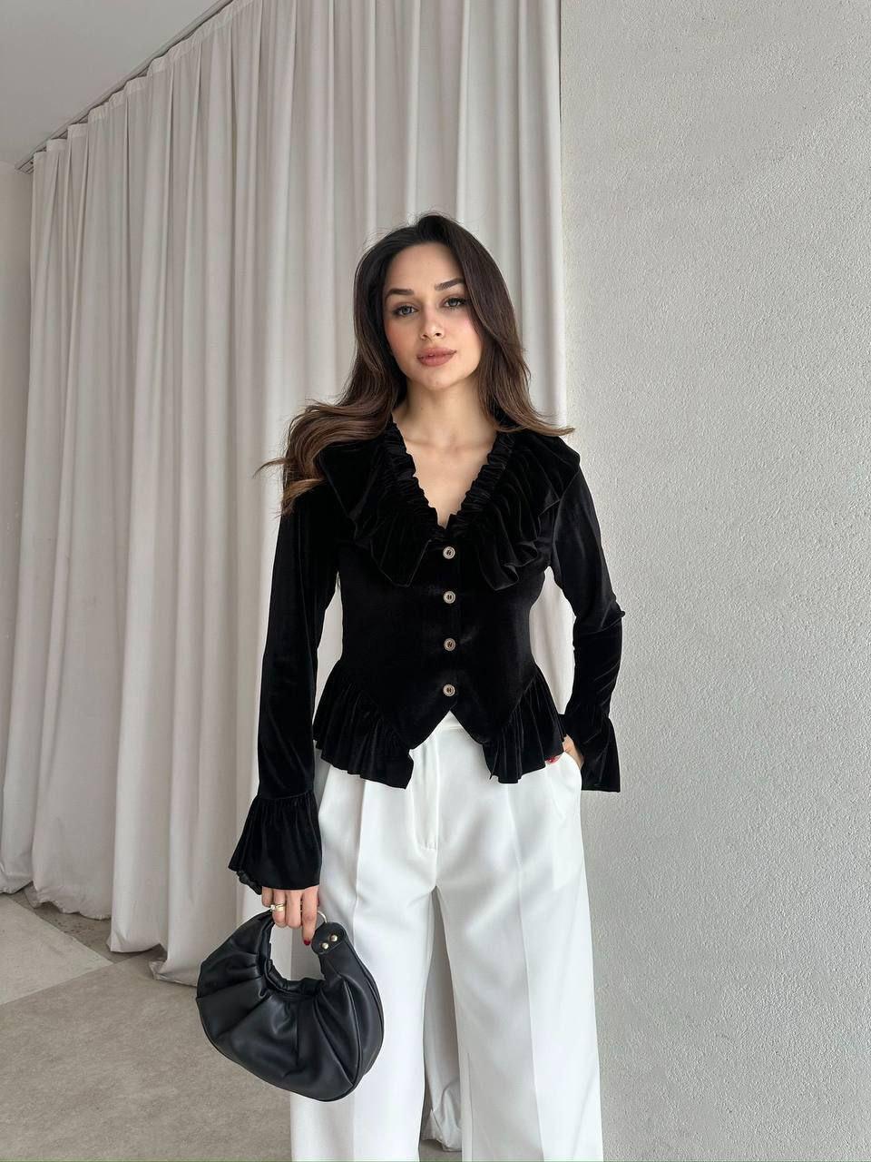 Ruffle Collar Velvet Peplum Blouse
