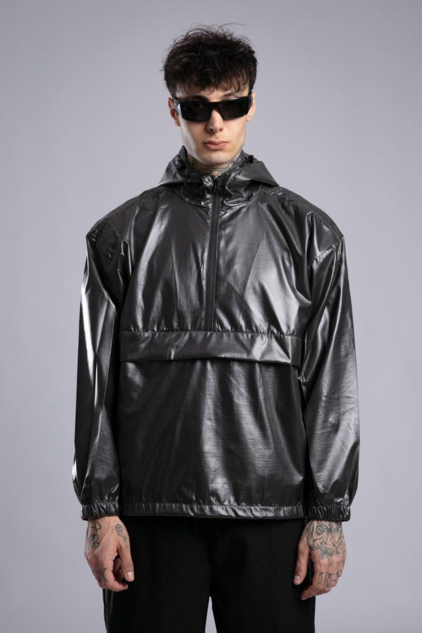 Metallic Gri Oversize Yarım Fermuarlı Yağmurluk