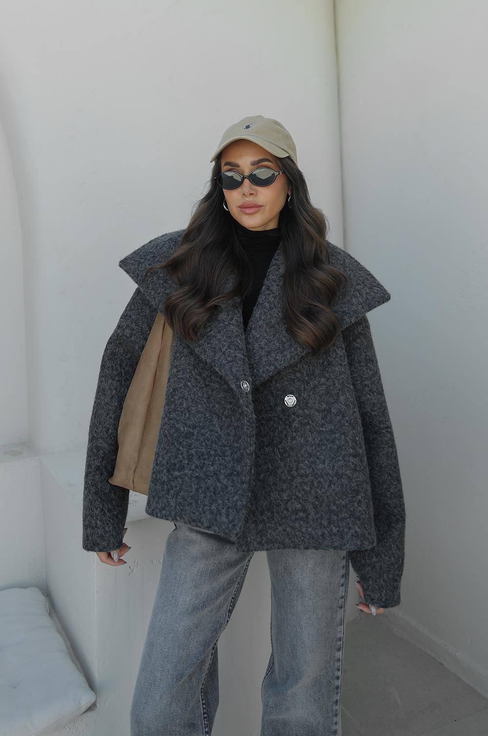 Антрацитовый меланжевый короткий пиджак/пальто с большим воротником (свободный крой)