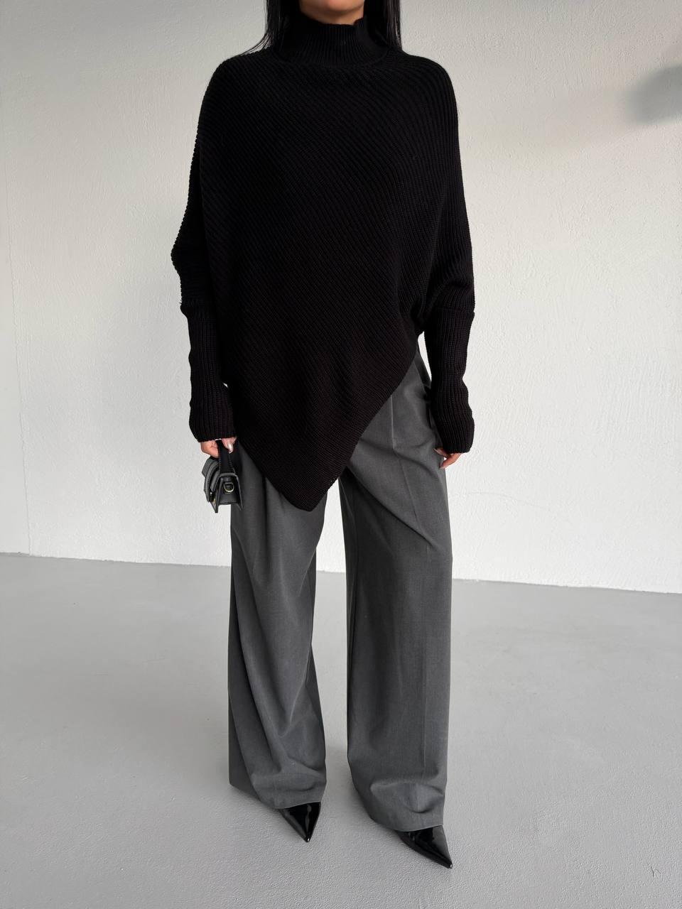 Asymmetrical Cut Turtleneck Knit Sweater – Black