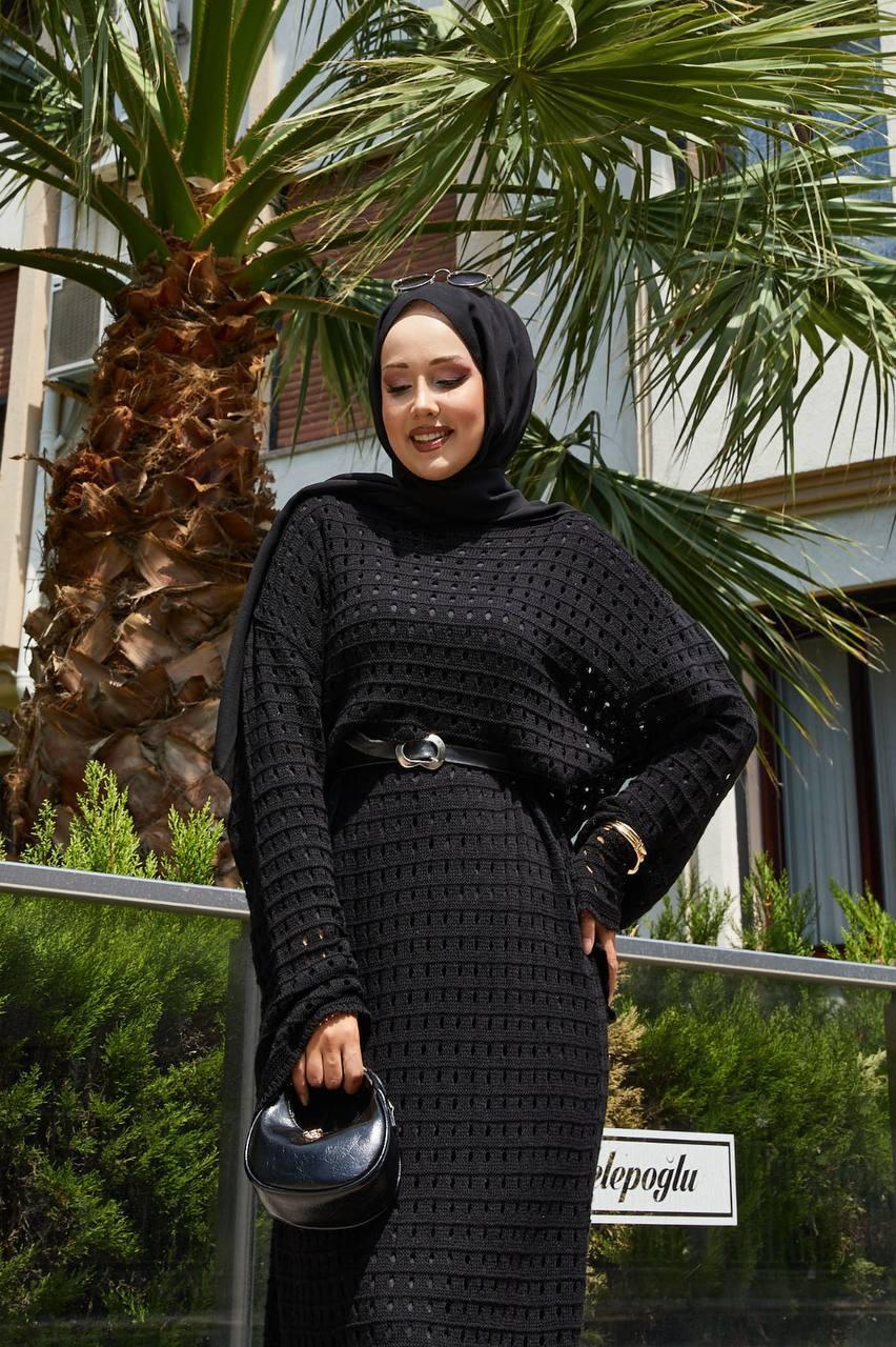 Siyah Örgü Detaylı Triko Takım