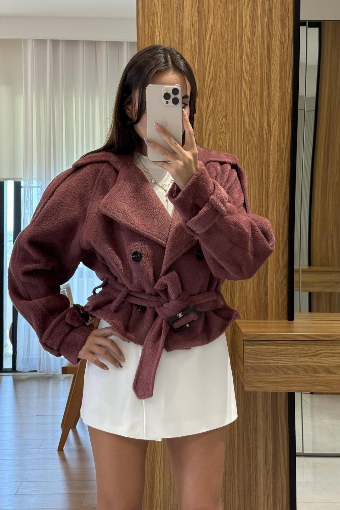 Plush (Teddy) Fabric Belted Cropped Jacket