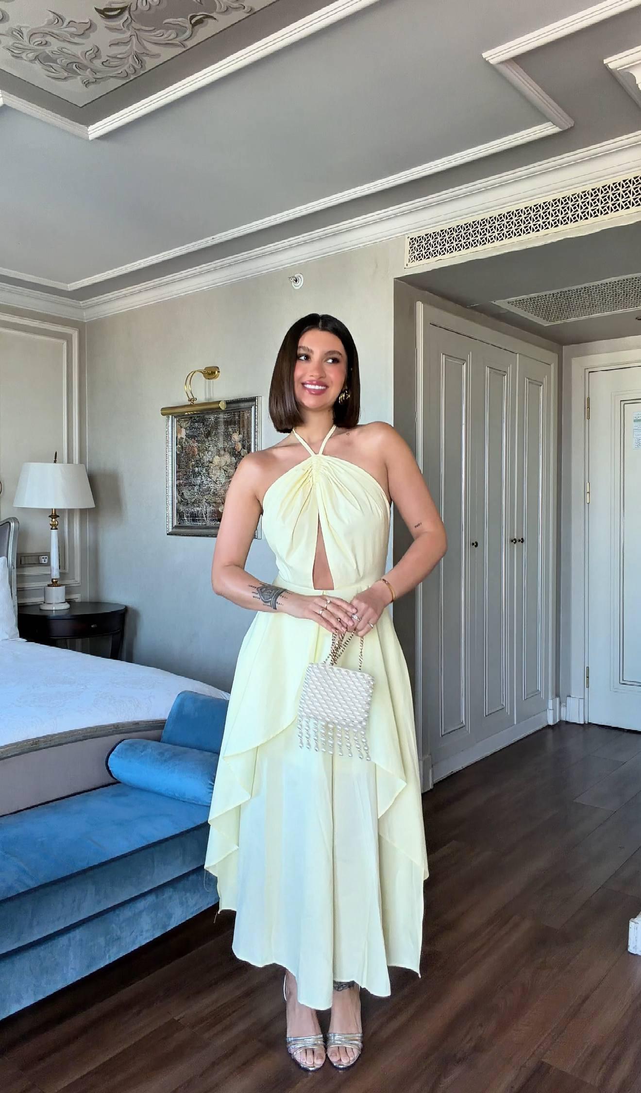 Lemon Yellow Halterneck Chiffon Dress