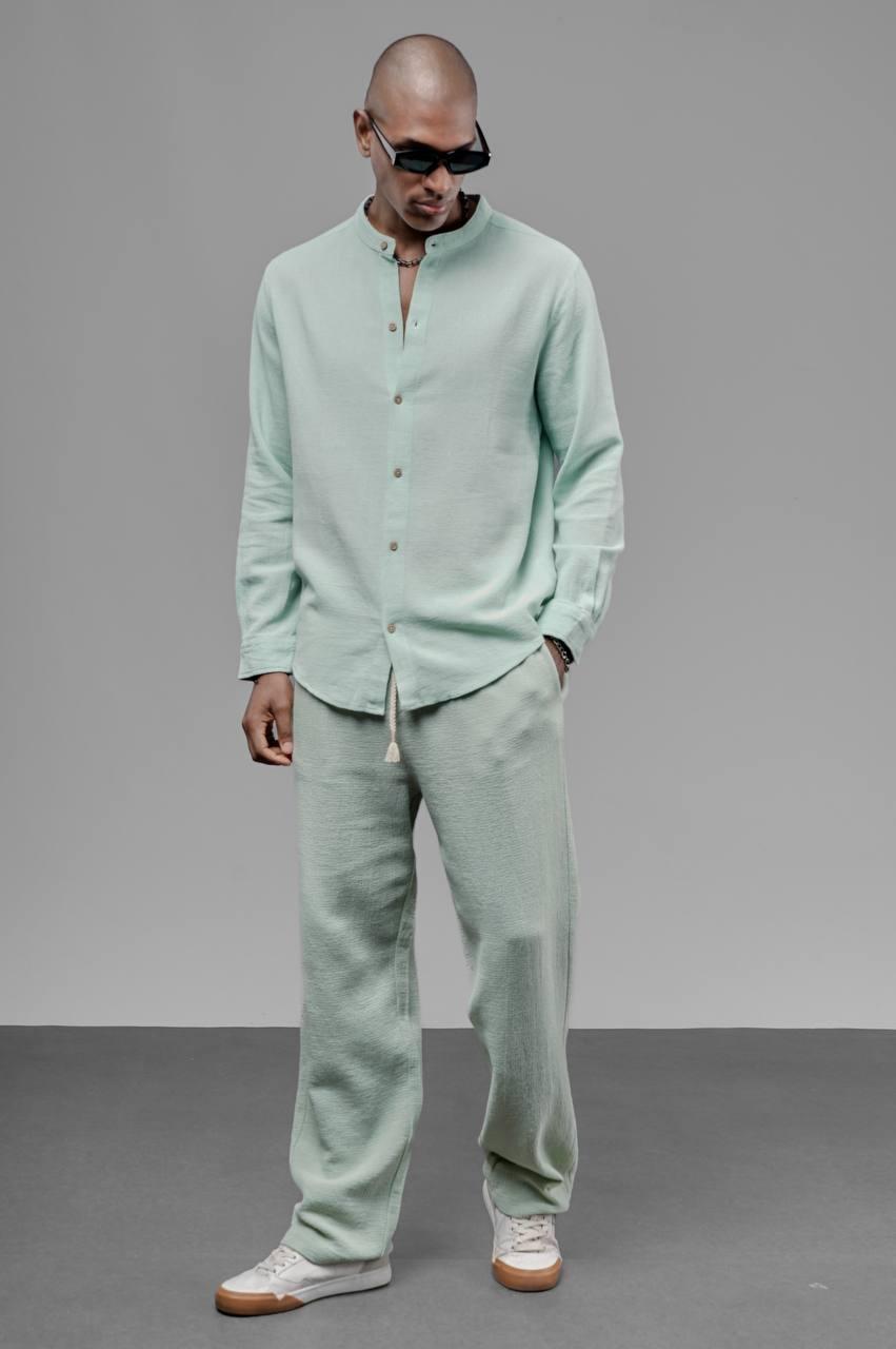 Men's linen suits with stand collar