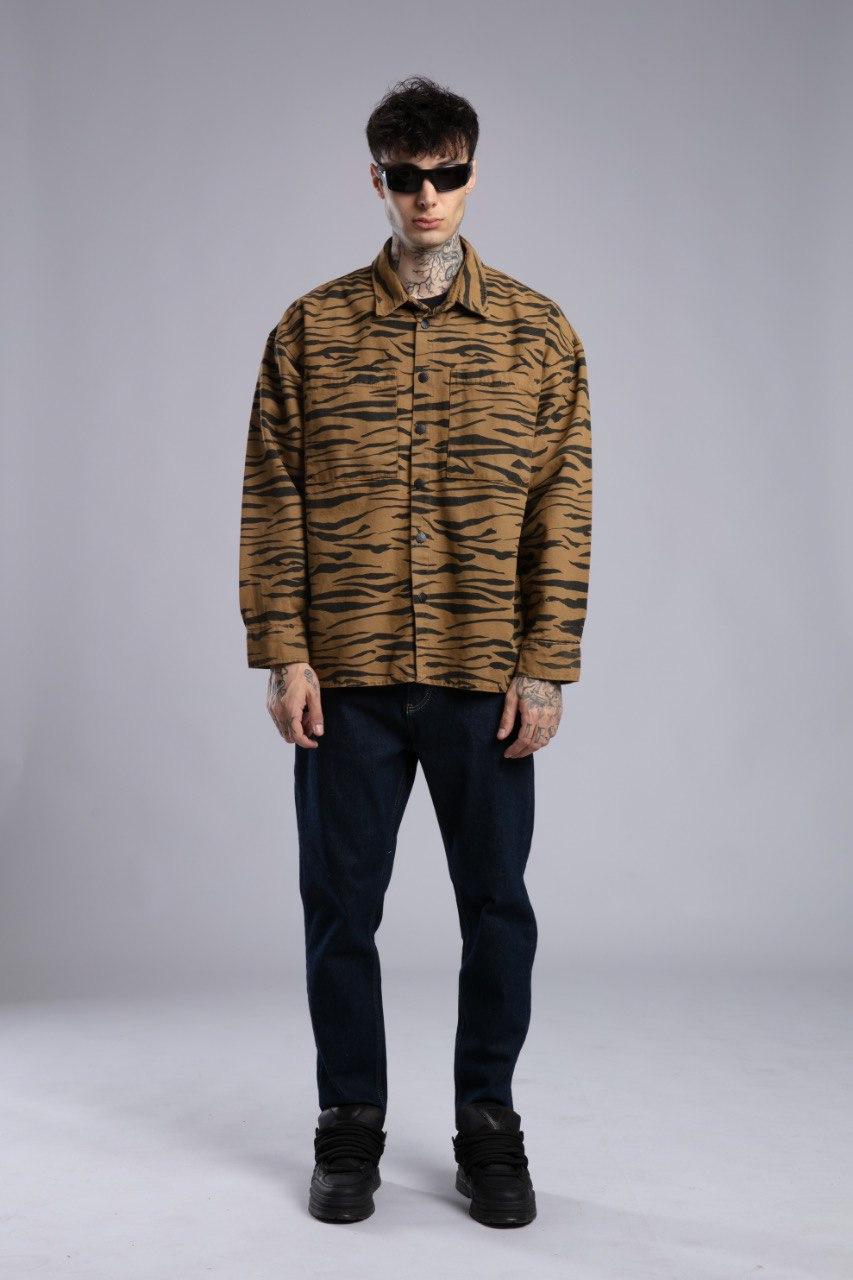 Camel/Taba Zebra Desenli Oversize Ceket Gömlek (Shacket)