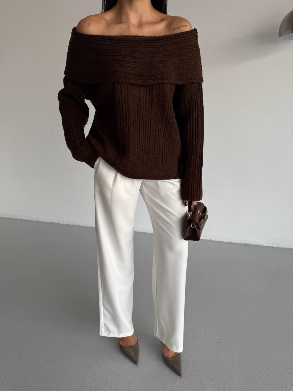 Off-the-Shoulder Relaxed Fit Knit Sweater - Chocolate Brown