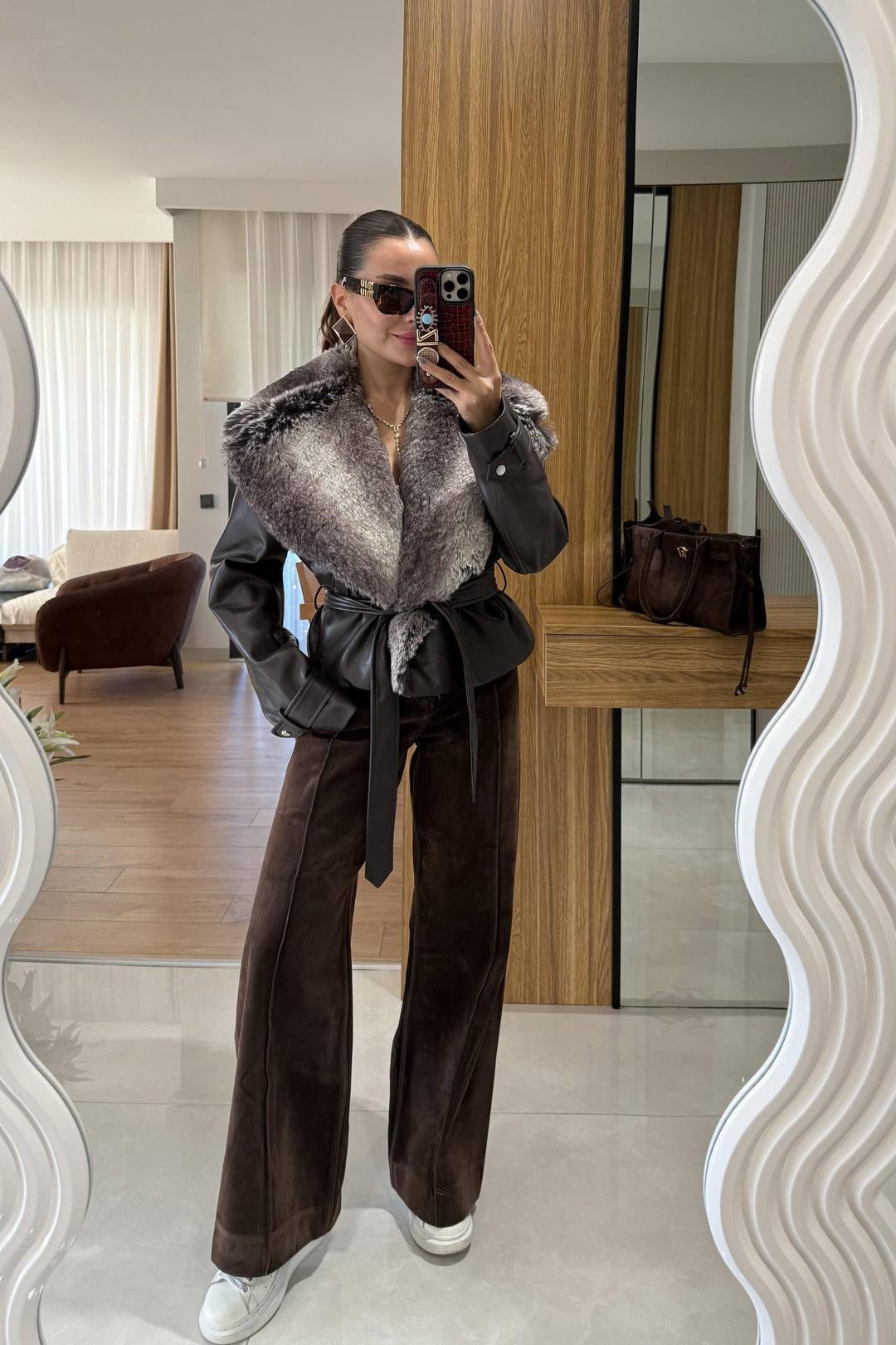 Faux Fur Collar Belted Cropped Jacket (Pilot/Biker Style)