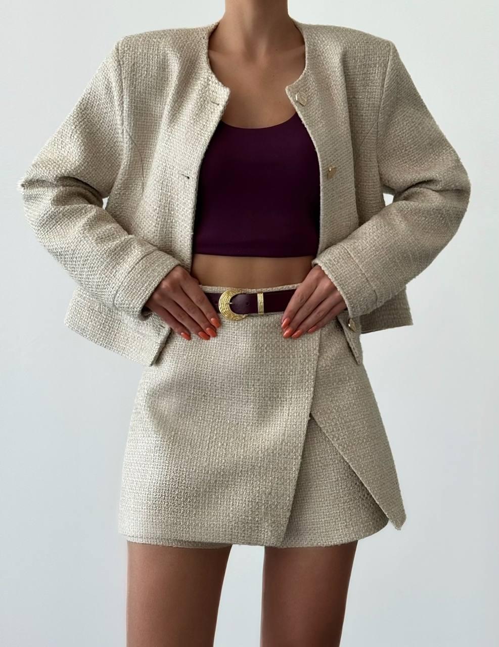 Judge Collar Short Cut (Crop) Tweed Jacket Double-breasted Mini Tweed Shorts Skirt (Skort) with Belt