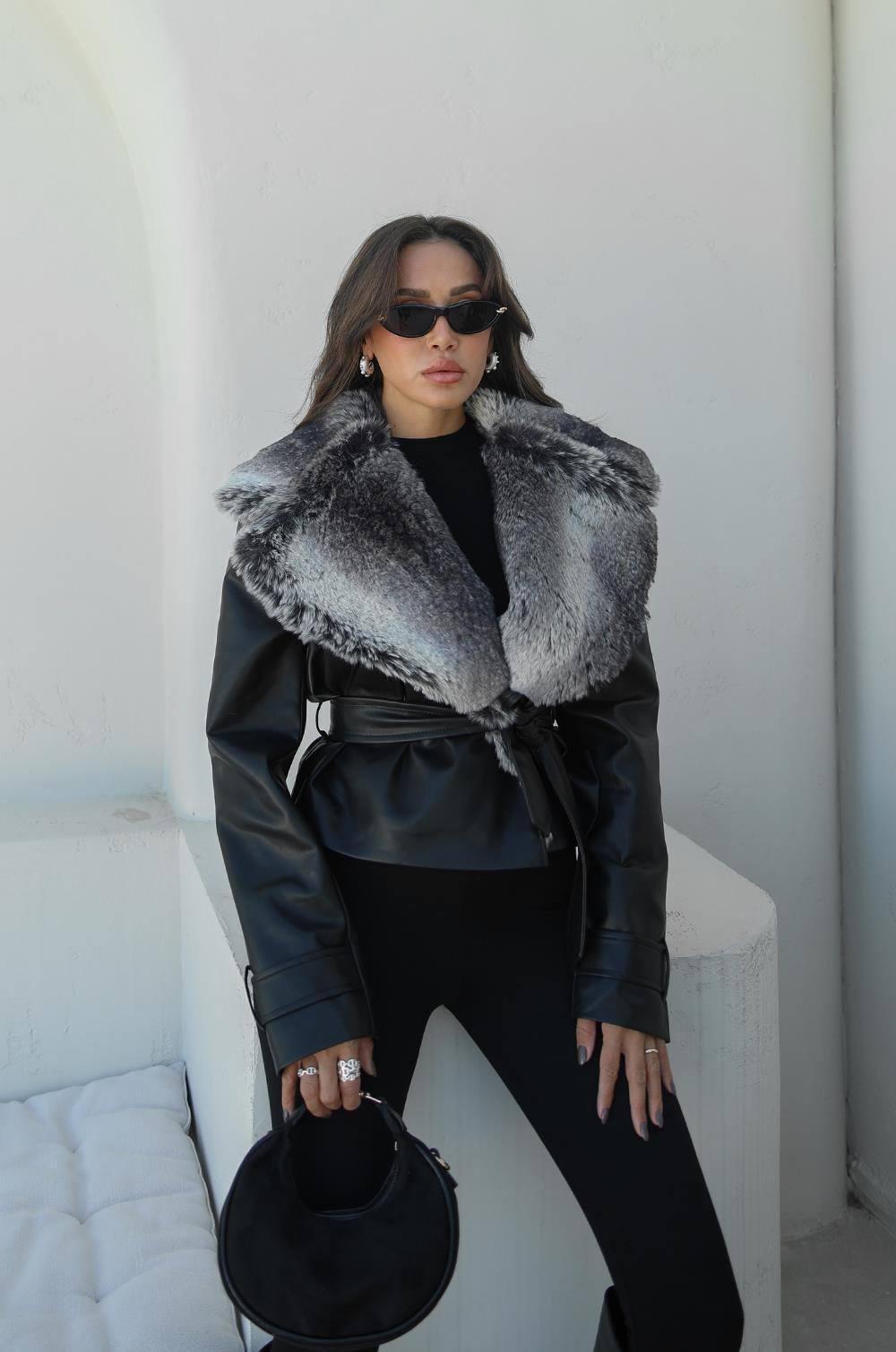 Belted Faux Leather Biker Jacket with Grey Fur Collar Detail
