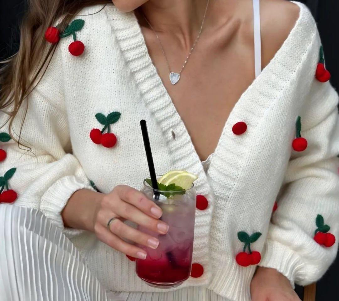 Cherry Embroidered V-Neck Crop Sweater Cardigan