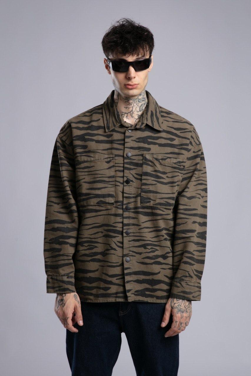 Haki/Zeytin Yeşili Zebra Desenli Oversize Ceket Gömlek (Shacket)