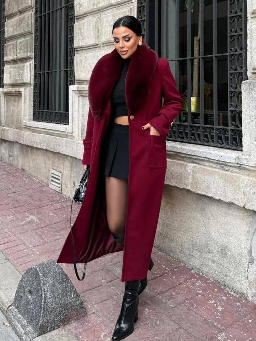 Long Coat with Fur Collar and Belt