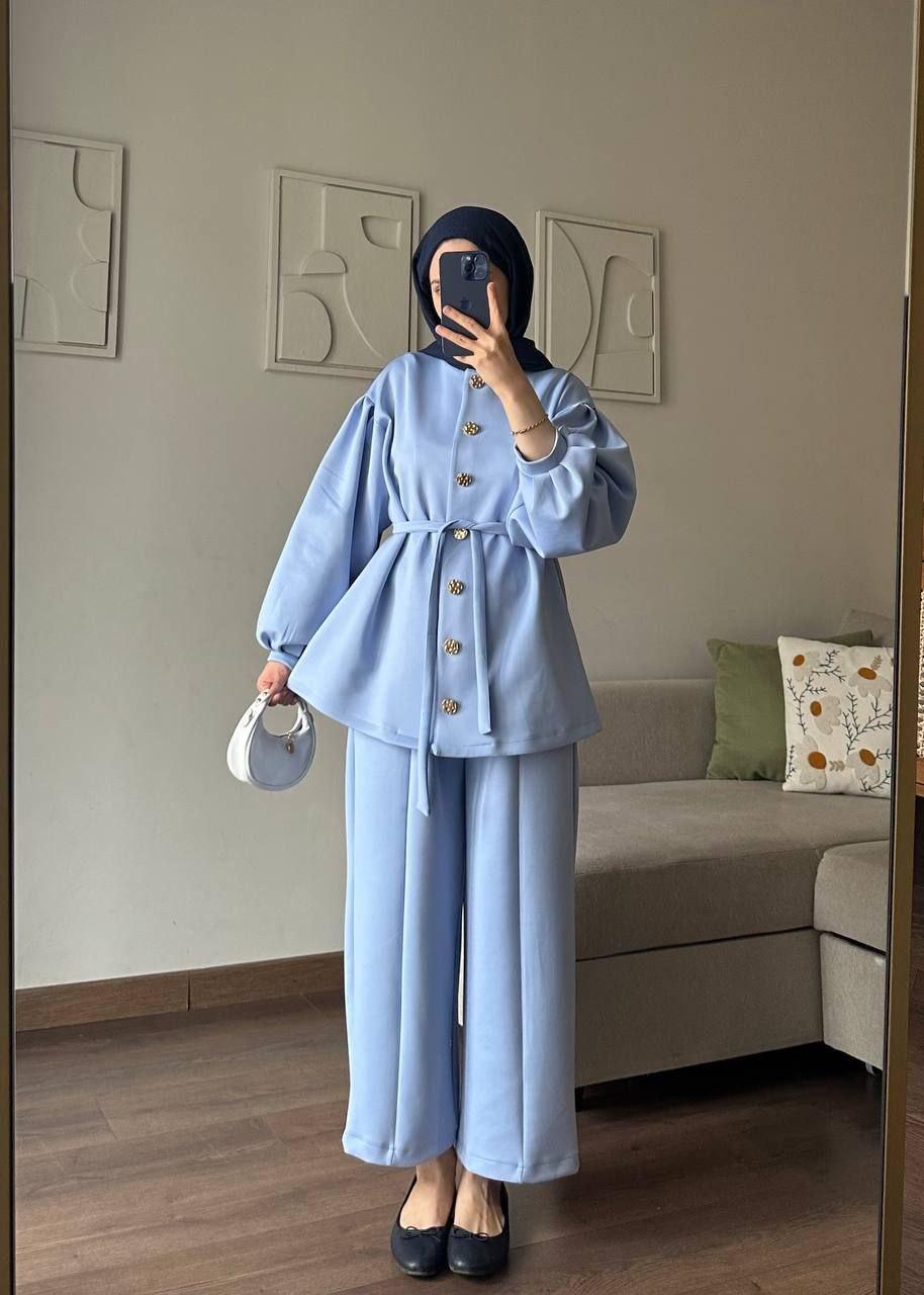 Women's Blue Gold Buttoned Belted Peplum Jacket and Wide Leg Set