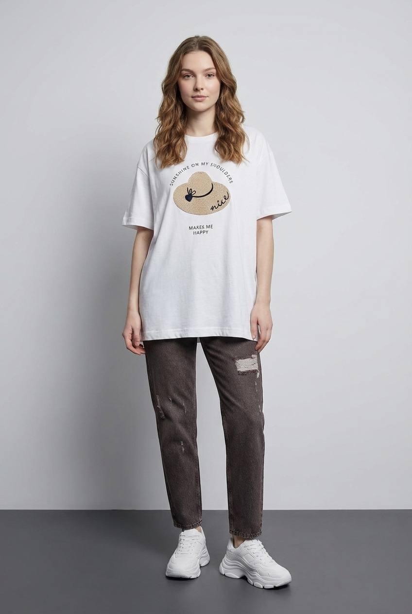 Әйелдерге арналған ақ "Sunshine" басылған oversize футболка