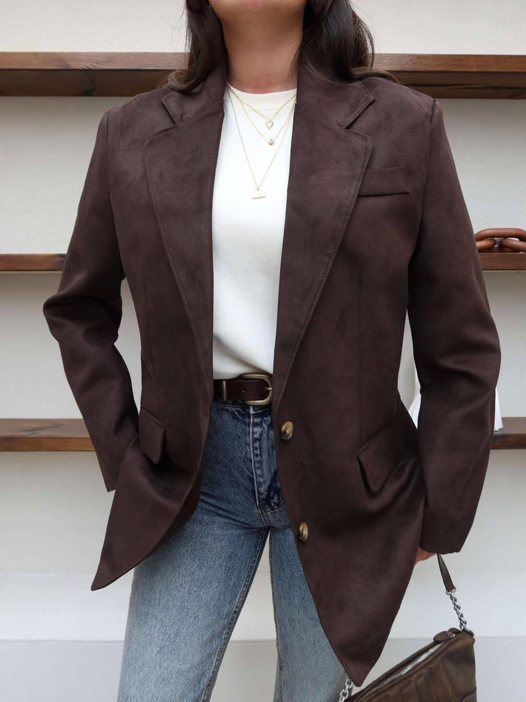 Brown Suede-Look Blazer Jacket
