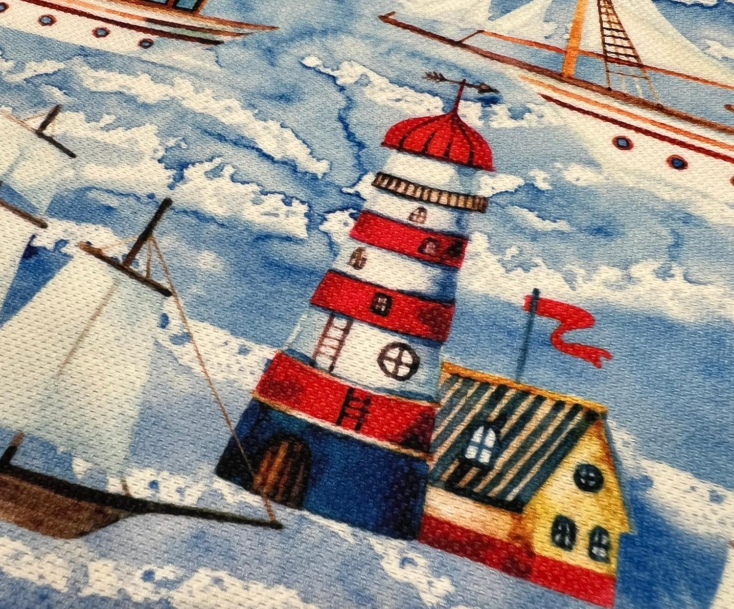 SHIP AND LIGHTHOUSE DIGITAL PRINT FABRIC - BLUE