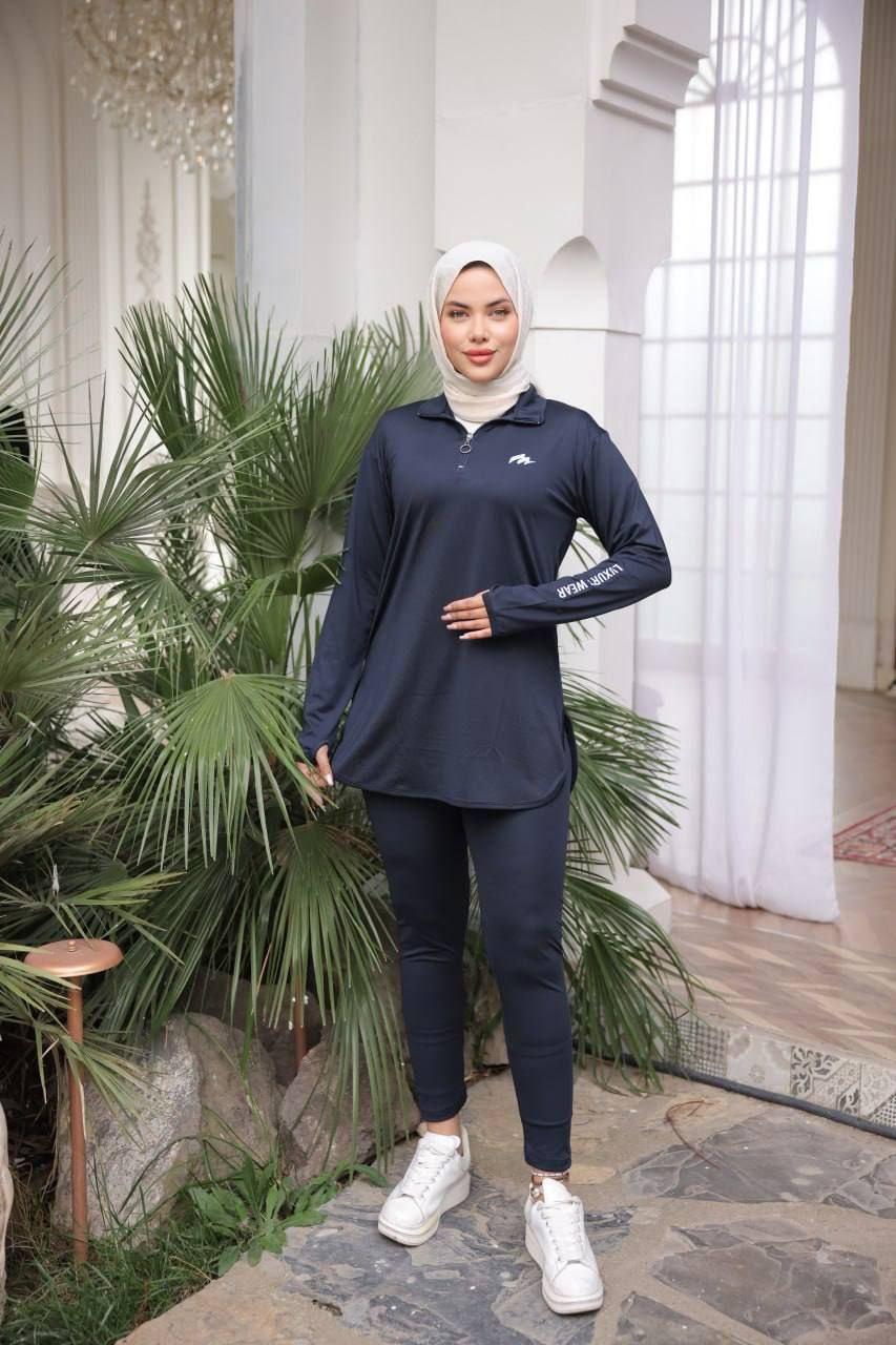 Polo Yaka Düğmeli Uzun Tunik ve Tayt/Eşofman Altından Oluşan Lacivert Tesettür Spor Takımı