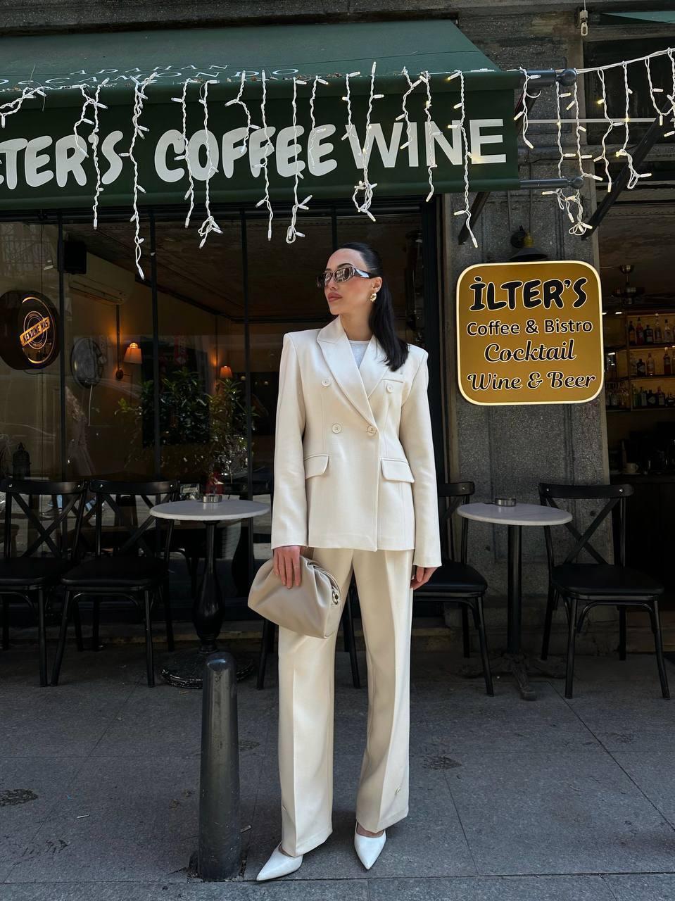 Cream/Ecru Double-Breasted Blazer and Wide-Leg Trousers Set