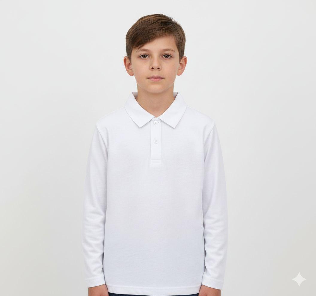 Дитяча футболка з довгим рукавом та коміром поло - біла